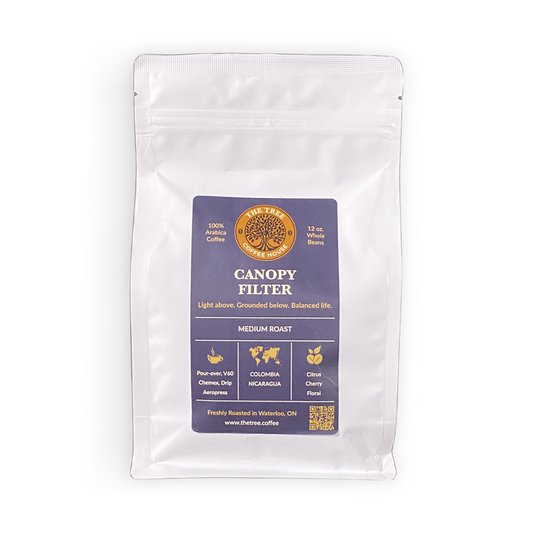White coffee bag with a purple label featuring 'Canopy Filter' on a white background
