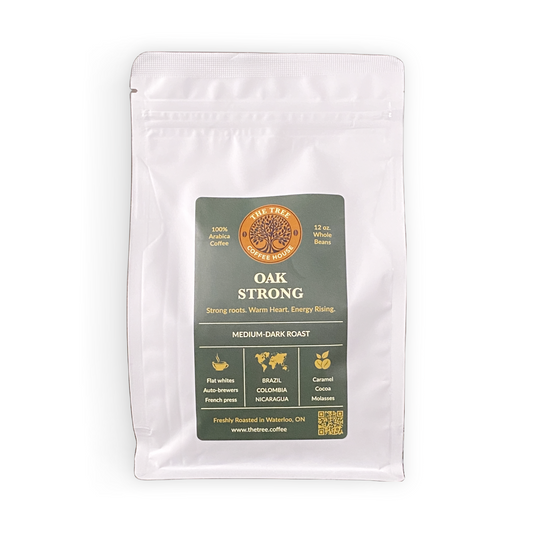 Coffee package labeled 'Oak Strong' on a white background