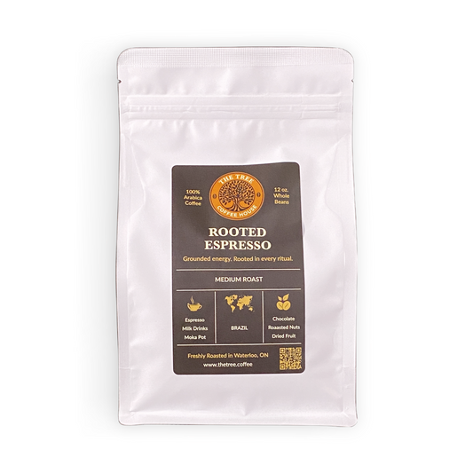 Coffee package labeled 'Rooted Espresso' on a white background