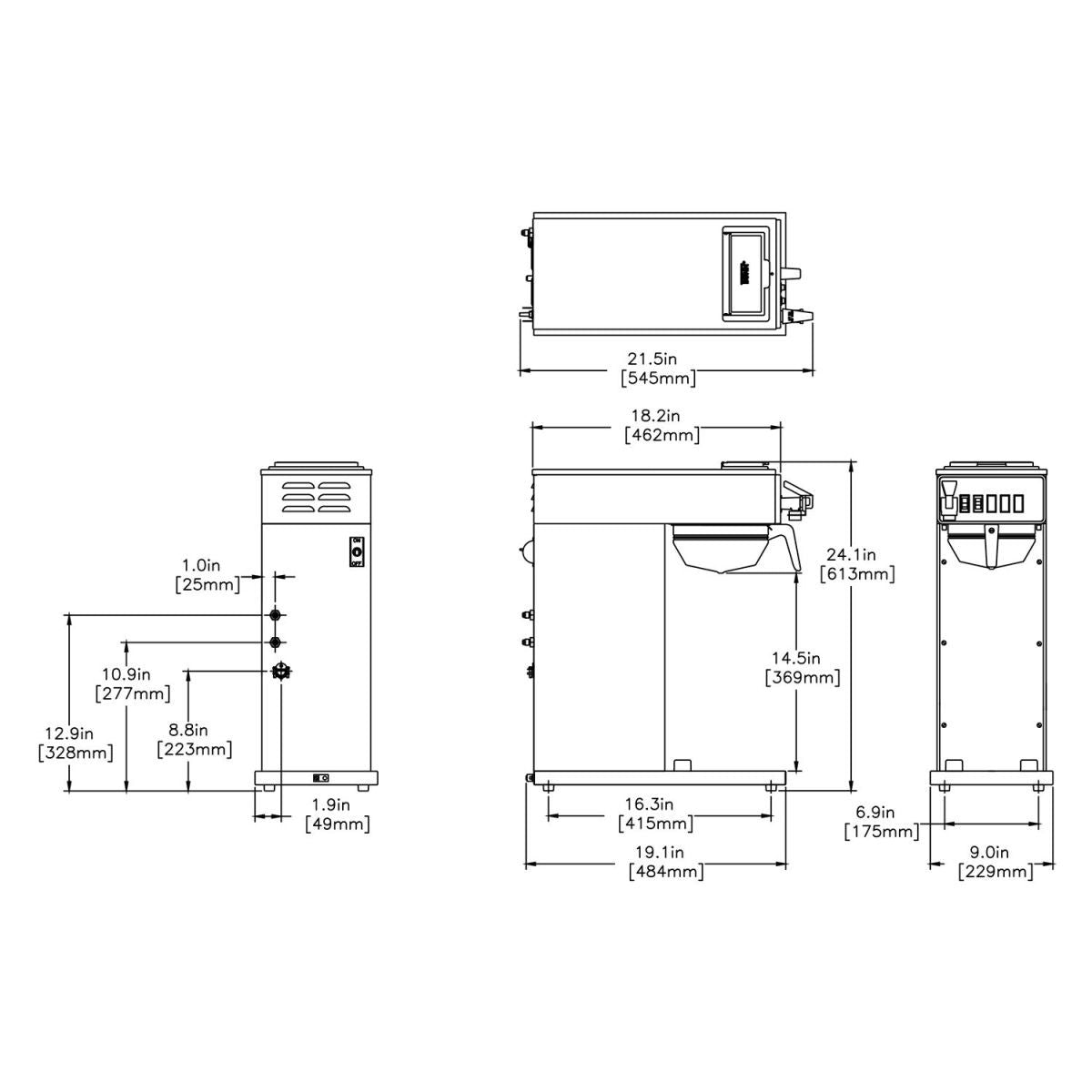 Spec diagram of Bunn coffee brewer