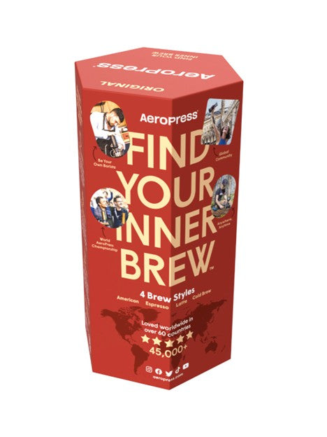 Red Aeropress coffee maker packaging with text 'Find Your Inner Brew' on a white background