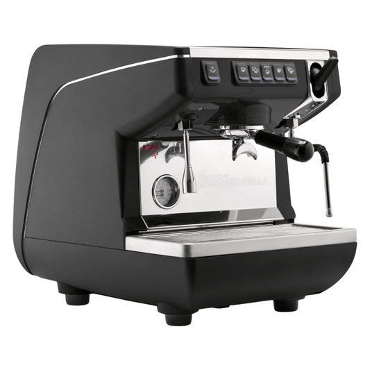 Black espresso machine with a white background