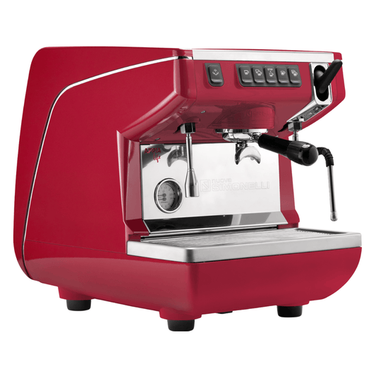 Red espresso machine with a white background