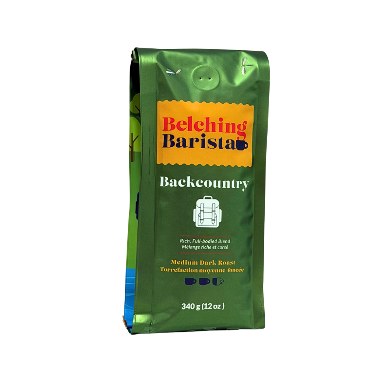 A 340g bag of Belching Barista Backcountry medium dark roast coffee, in a metallic green resealable pouch with a yellow label.