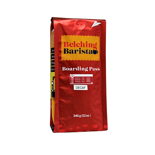 A 340 g bag of Belching Barista Boarding Pass Decaf coffee, featuring a metallic red packaging design with a yellow label and white text, isolated on a white background.