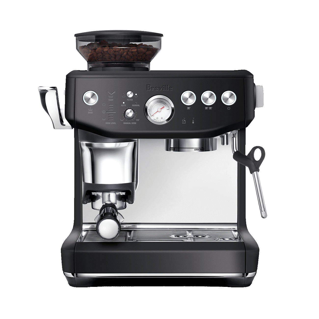 Breville espresso machine with a clear glass container on a black background