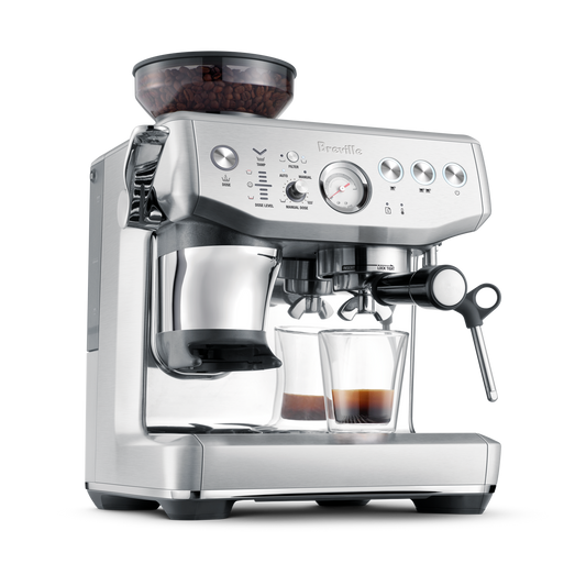 Silver Breville Express Impress espresso machine with two cups of coffee on a white background