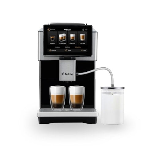 Bellucci coffee machine with two cups of coffee and a milk container on a white background