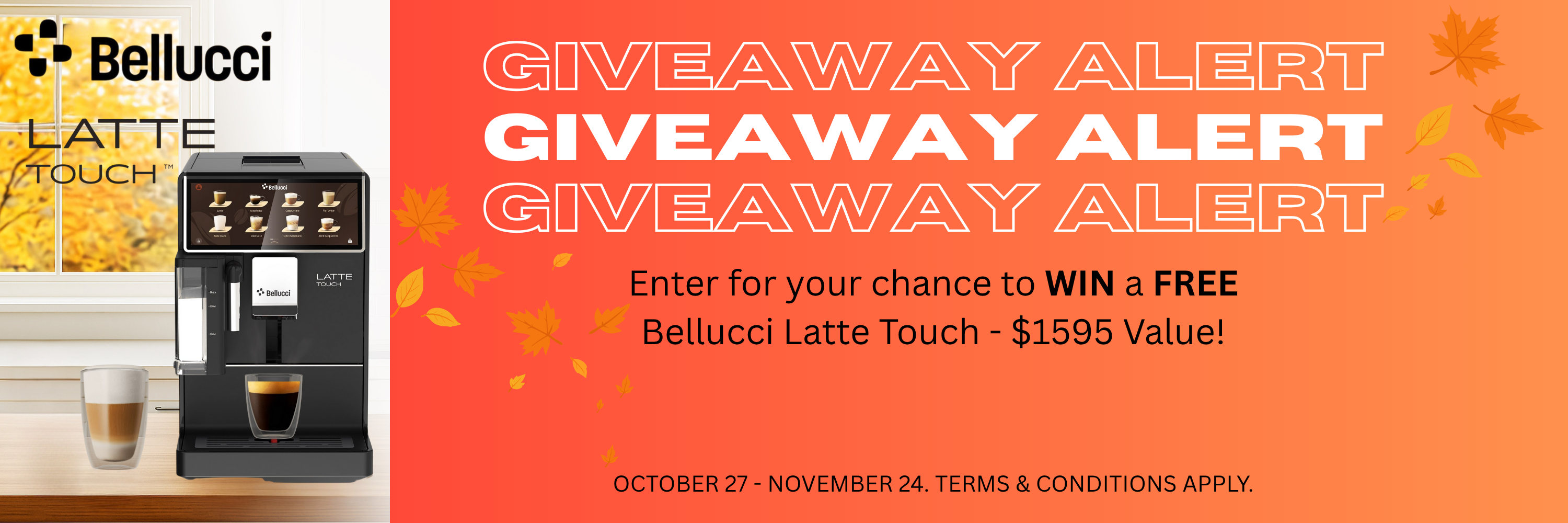 Bellucci Latte Touch coffee machine with giveaway alert text on an orange background