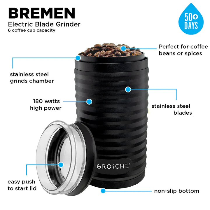 GROSCHE BREMEN Blade Electric Coffee Grinder, Stainless Steel Blades