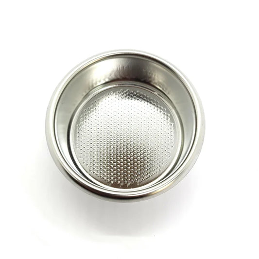 A stainless steel espresso portafilter filter basket with a perforated mesh screen, shown from a top-down perspective on a white background.
