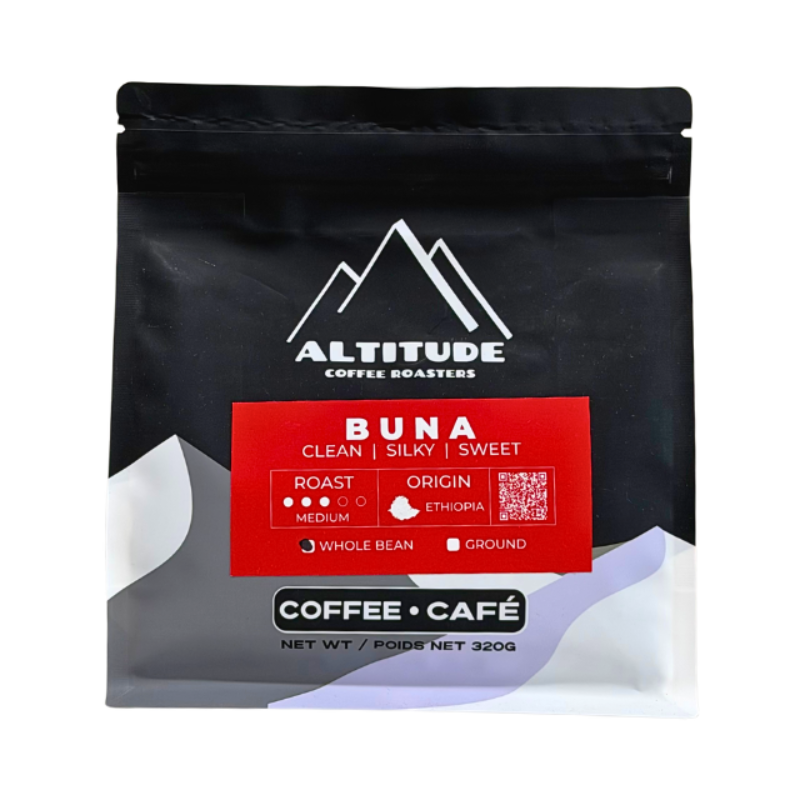 A 320g bag of Altitude Coffee Roasters 'Buna' whole bean coffee, featuring a matte black pouch with a red label and white logo details, set against a plain white background.