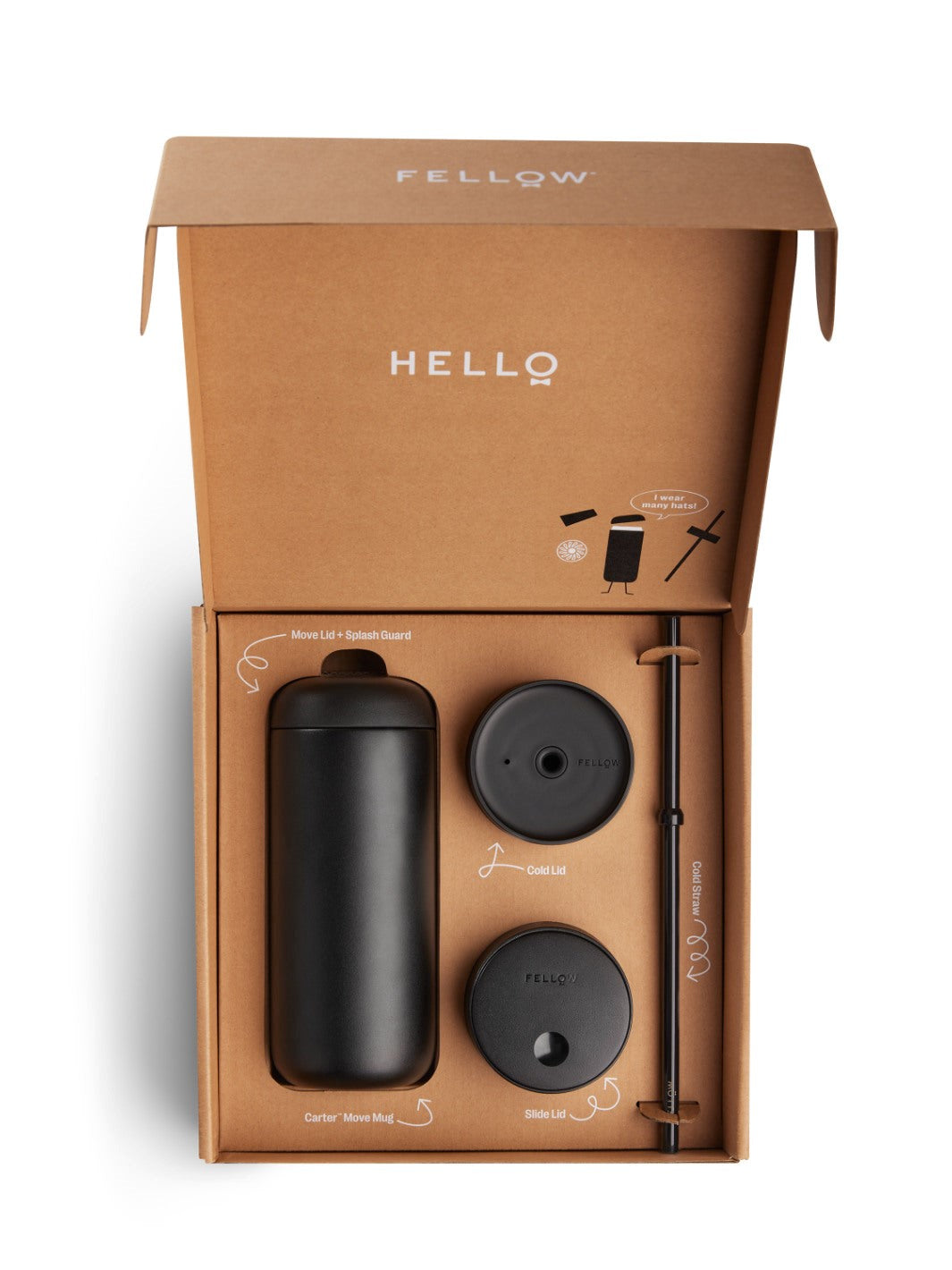 Fellow carter sip system with black coffee mug, lids, and straw in a brown box on a white background