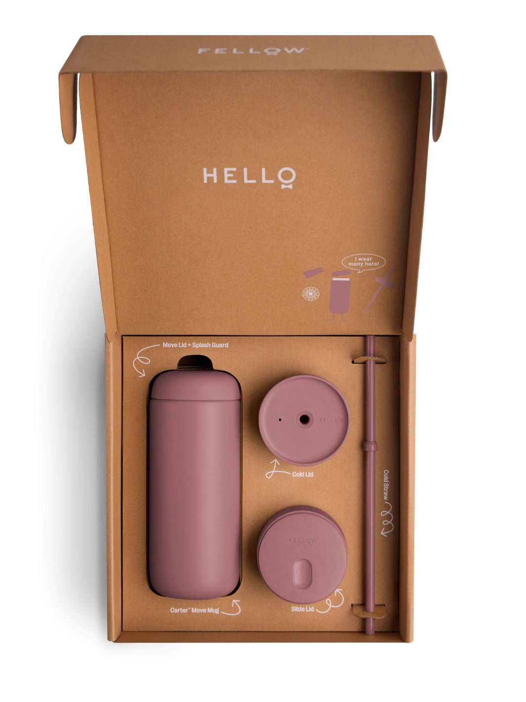 Pink travel mug set with accessories in a 'HELLO' branded box