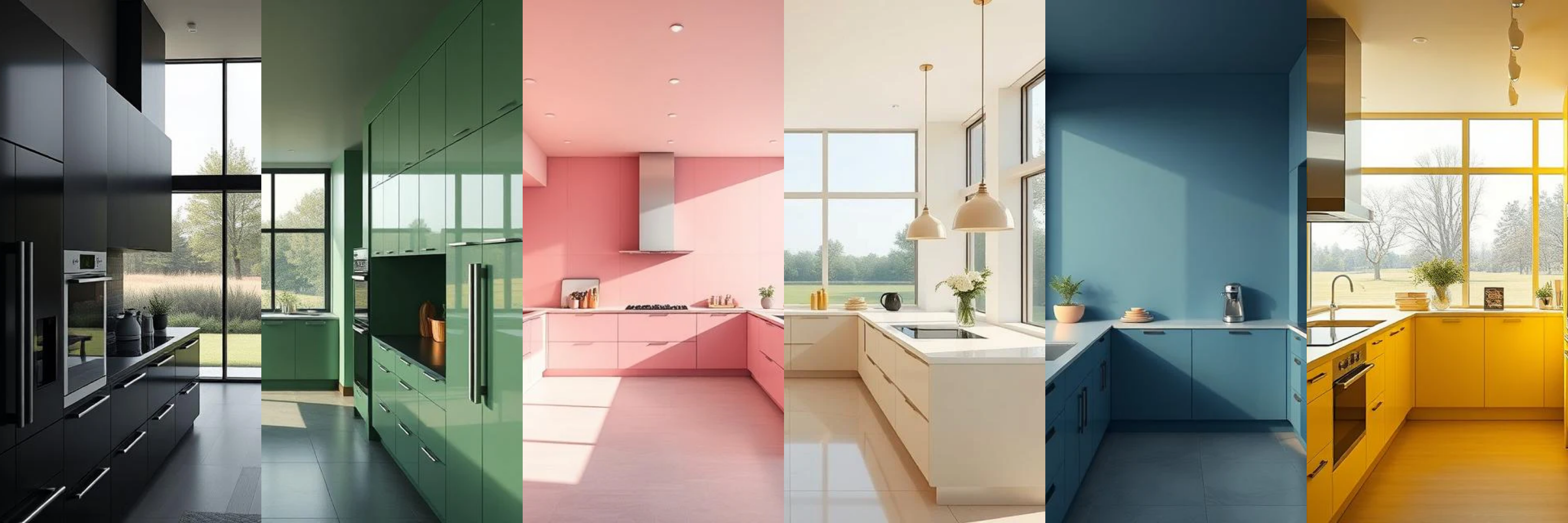 Collage of five different kitchens with various color schemes and designs.