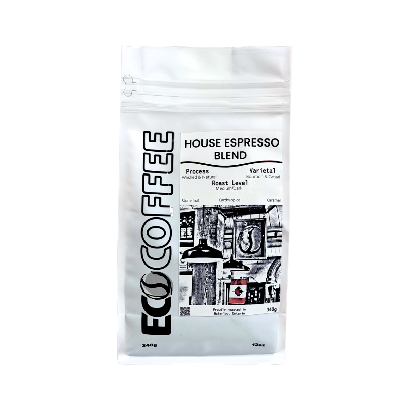 A 340g stand-up pouch of ECO COFFEE House Espresso Blend, featuring a white packaging design with black text and a black-and-white graphic illustration on the front.