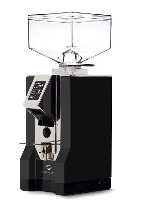 Black electric coffee grinder with clear hopper on a white background.