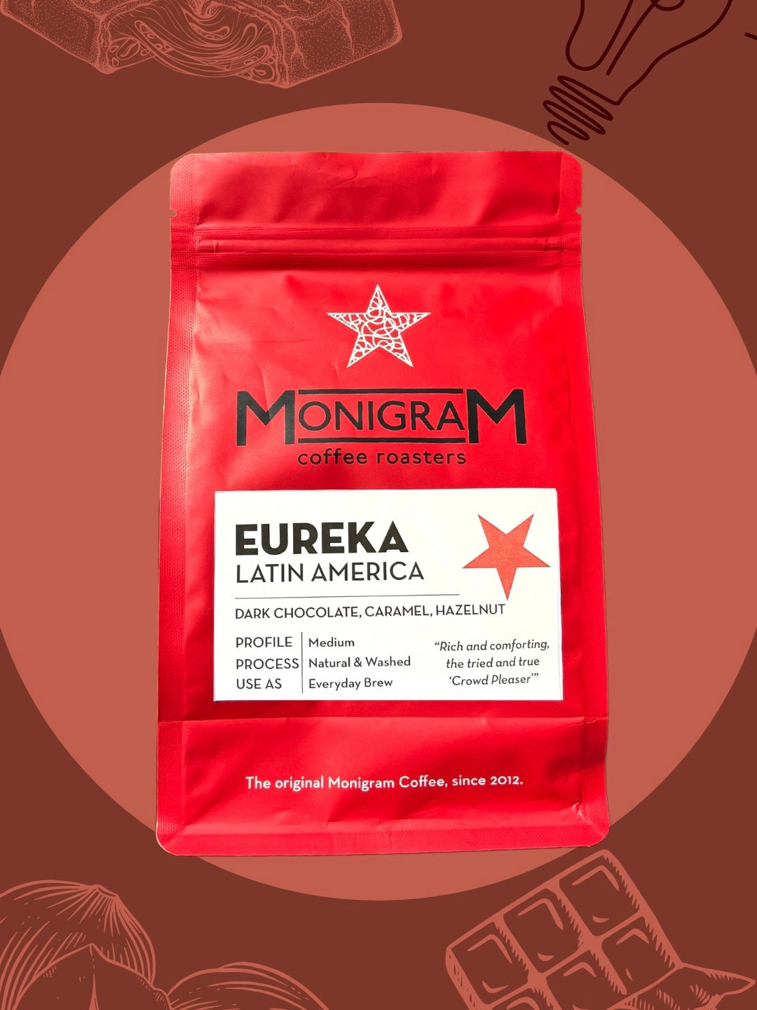 Red coffee bag with 'Monigram Coffee Roasters' branding on a brown background