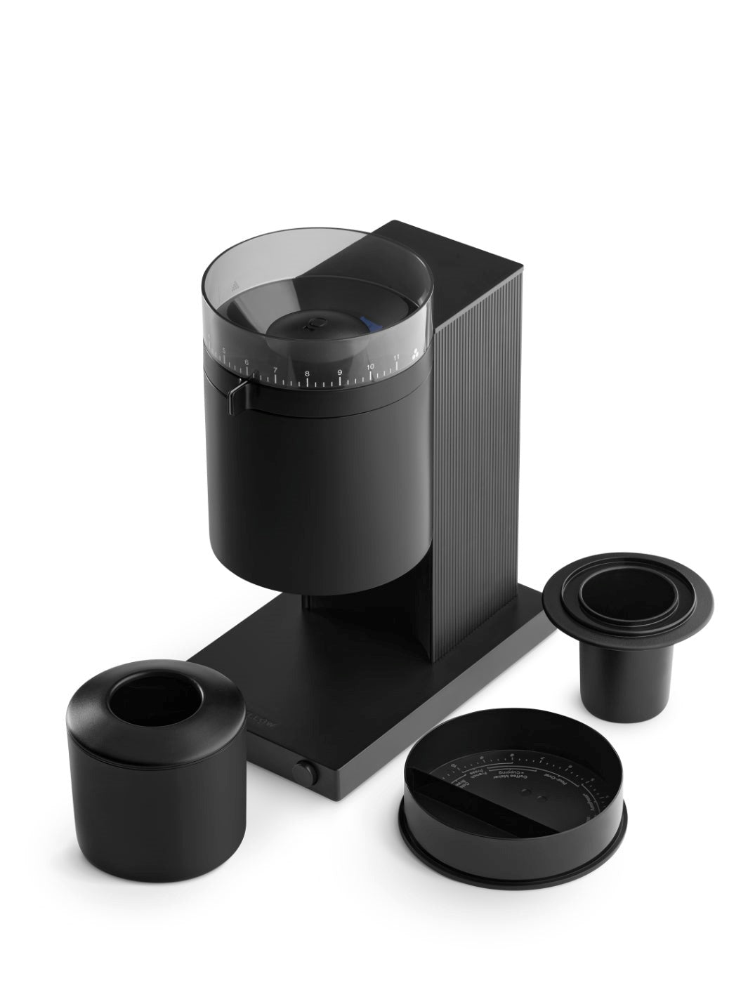 Black coffee grinder with attachments on a white background