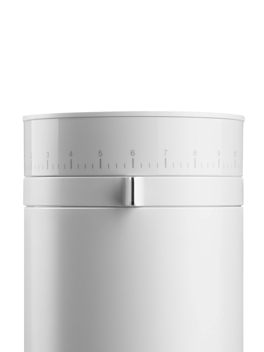 White Opus coffee grinder close up of adjustment dial