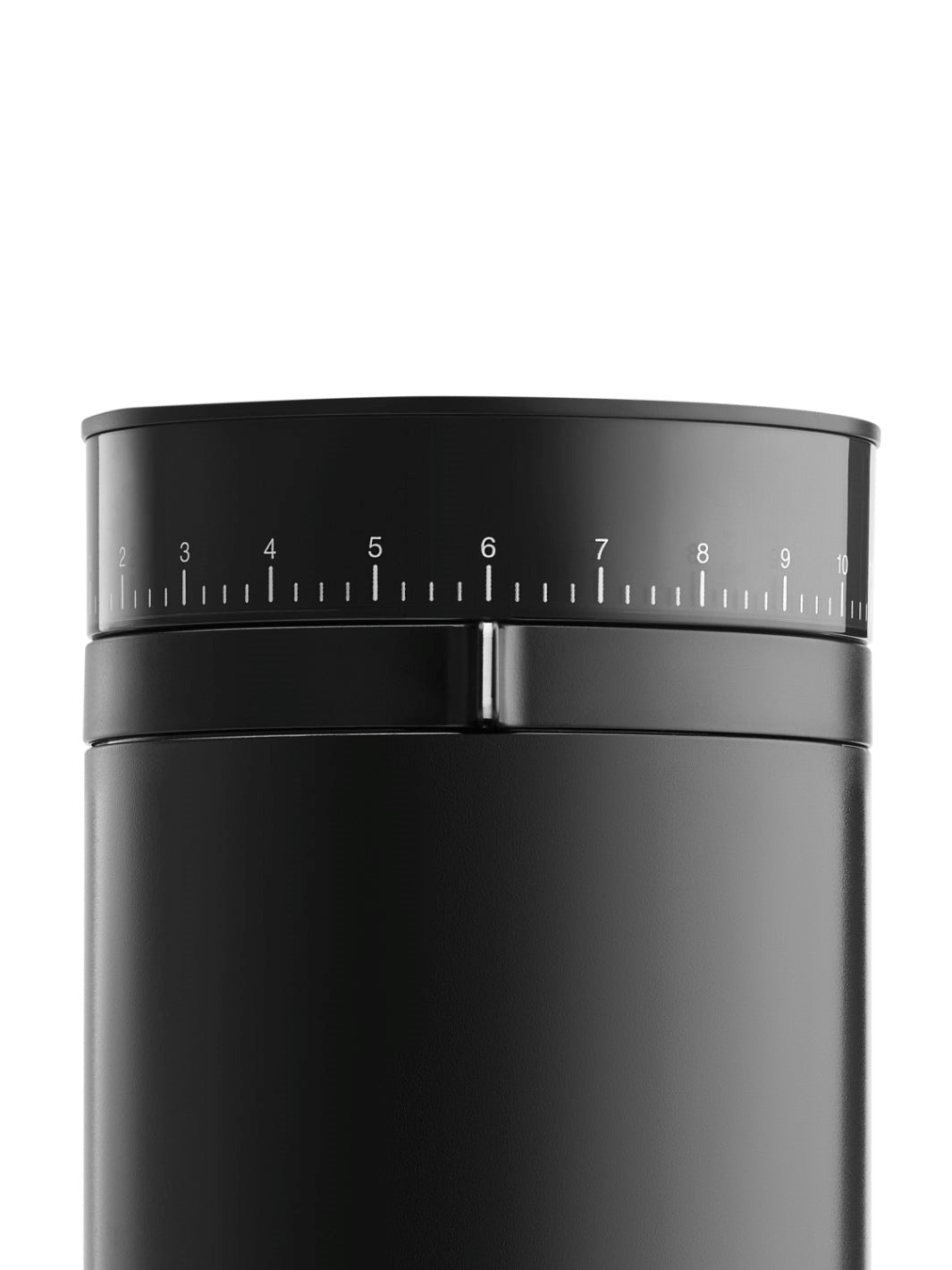 Black Fellow Opus coffee grinder with measurement markings on a white background