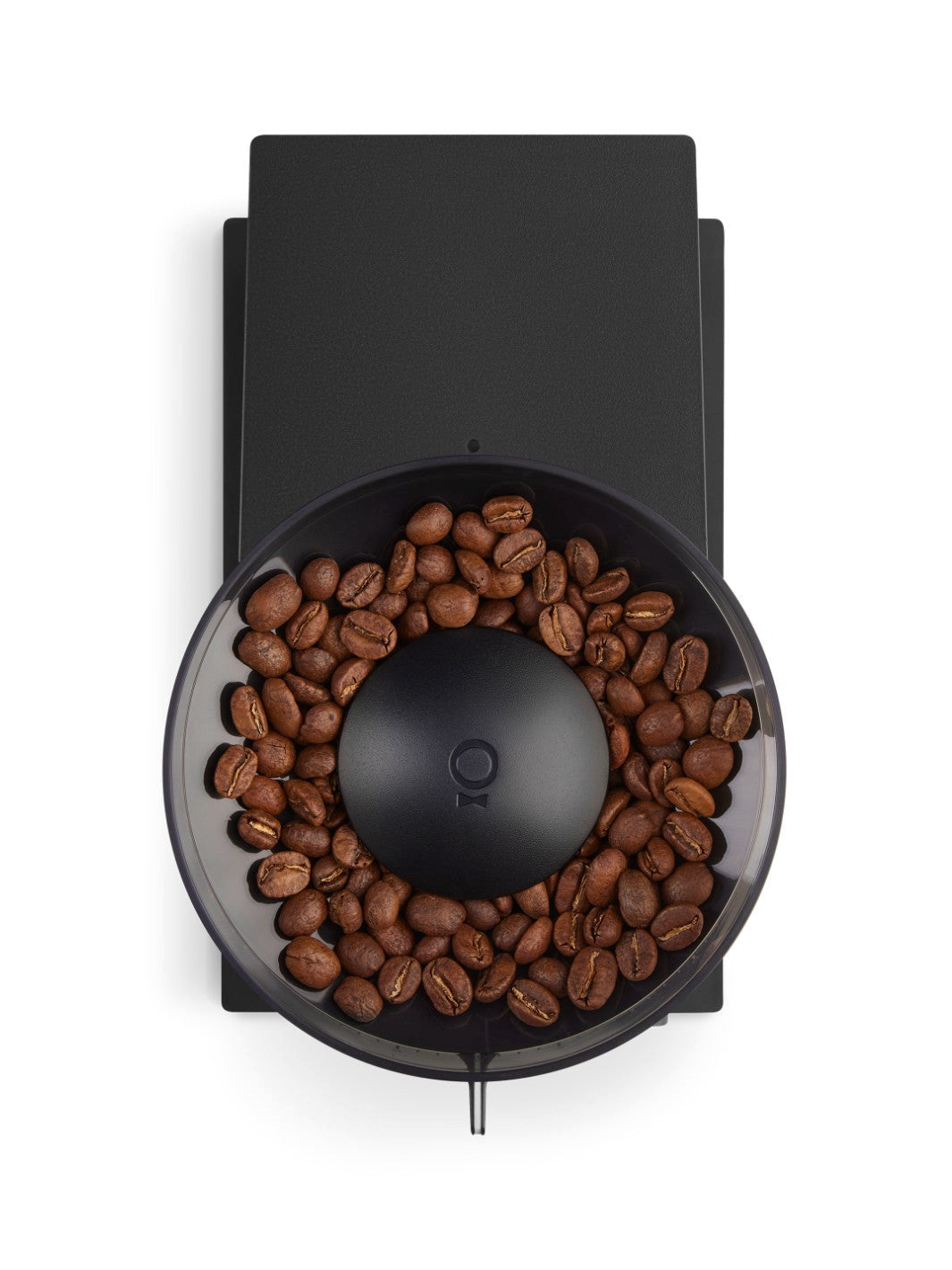 Black coffee grinder with coffee beans on a white background