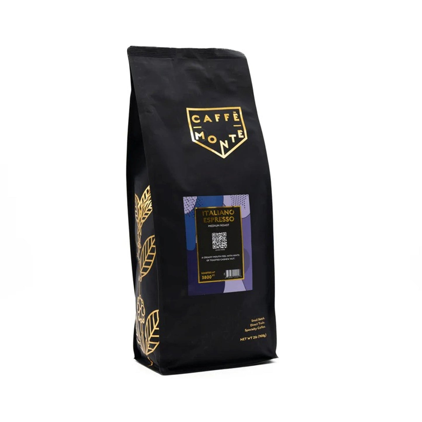 Caffe Monte Italiano Espresso coffee bag with gold accents, gold floural images along the side on a white background