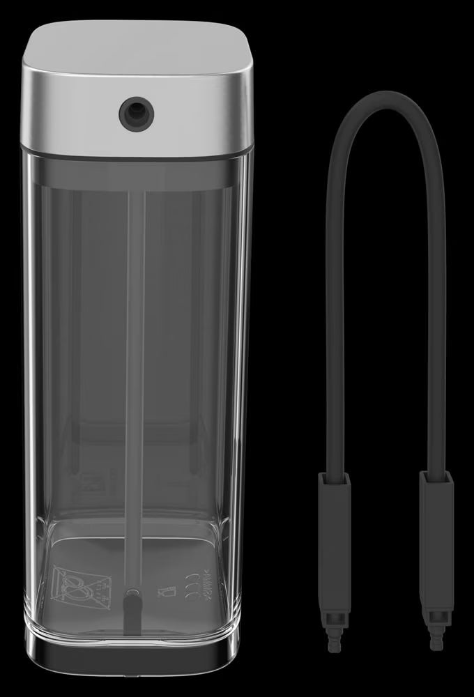 A clear cylindrical pump bottle with a silver metallic cap and a black flexible tube accessory, shown on a solid black background.