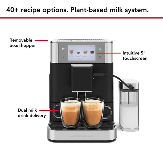 Coffee machine with features highlighted on a white background