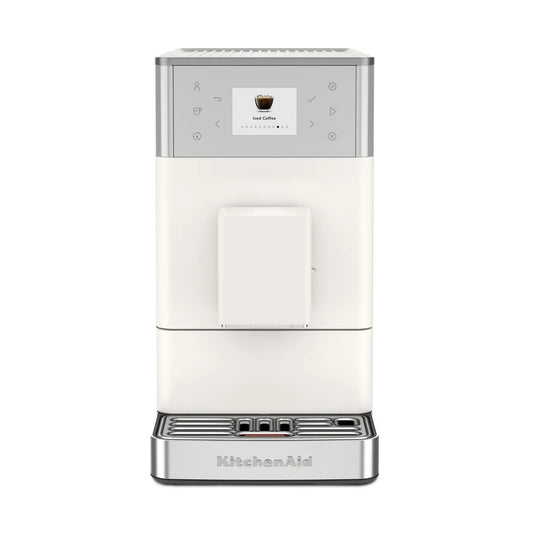 A KitchenAid coffee machine in off-white and silver, featuring a digital touch screen and drip tray, shown against a plain white background.