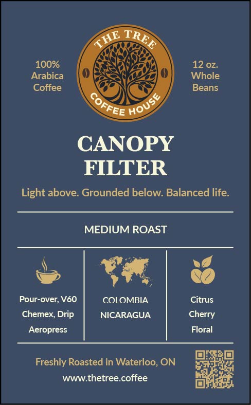 Coffee package from The Tree Coffee House with branding and product details on a blue background