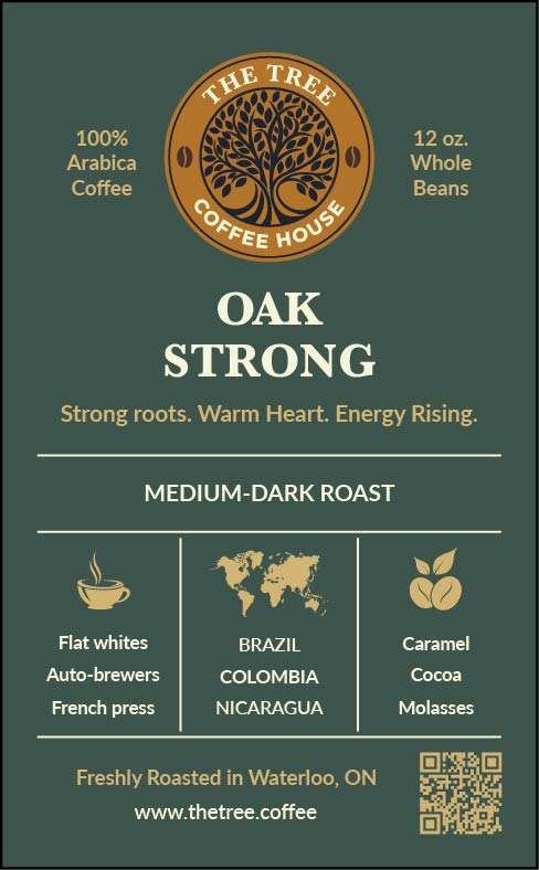 Coffee package from The Tree Coffee House with branding and product details.