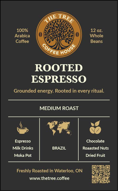 Coffee package label for 'Rooted Espresso' from The Tree Coffee House with branding and product details.