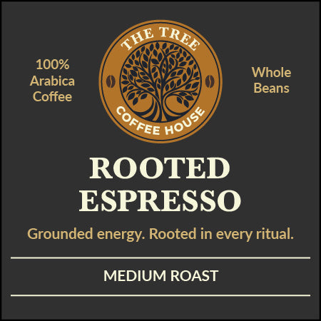 The Tree Coffee House Rooted Espresso packaging with branding and product details on a black background.