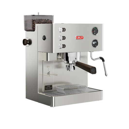 Stainless steel espresso machine with a clear container of coffee beans on a gray background