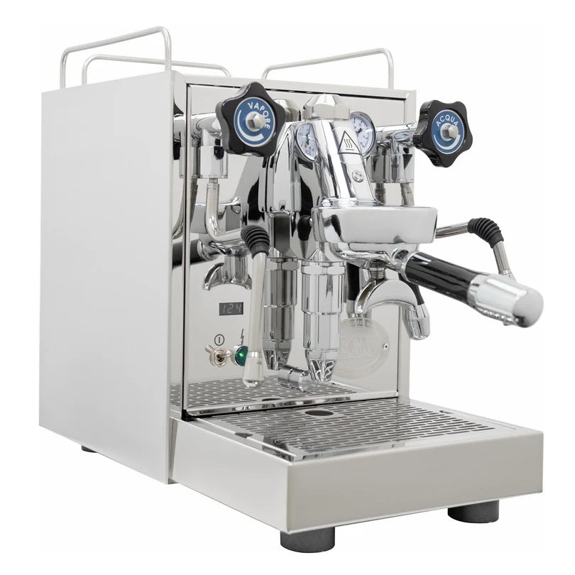 Espresso machine with stainless steel finish and black accents on the handles and knobs with a white background.