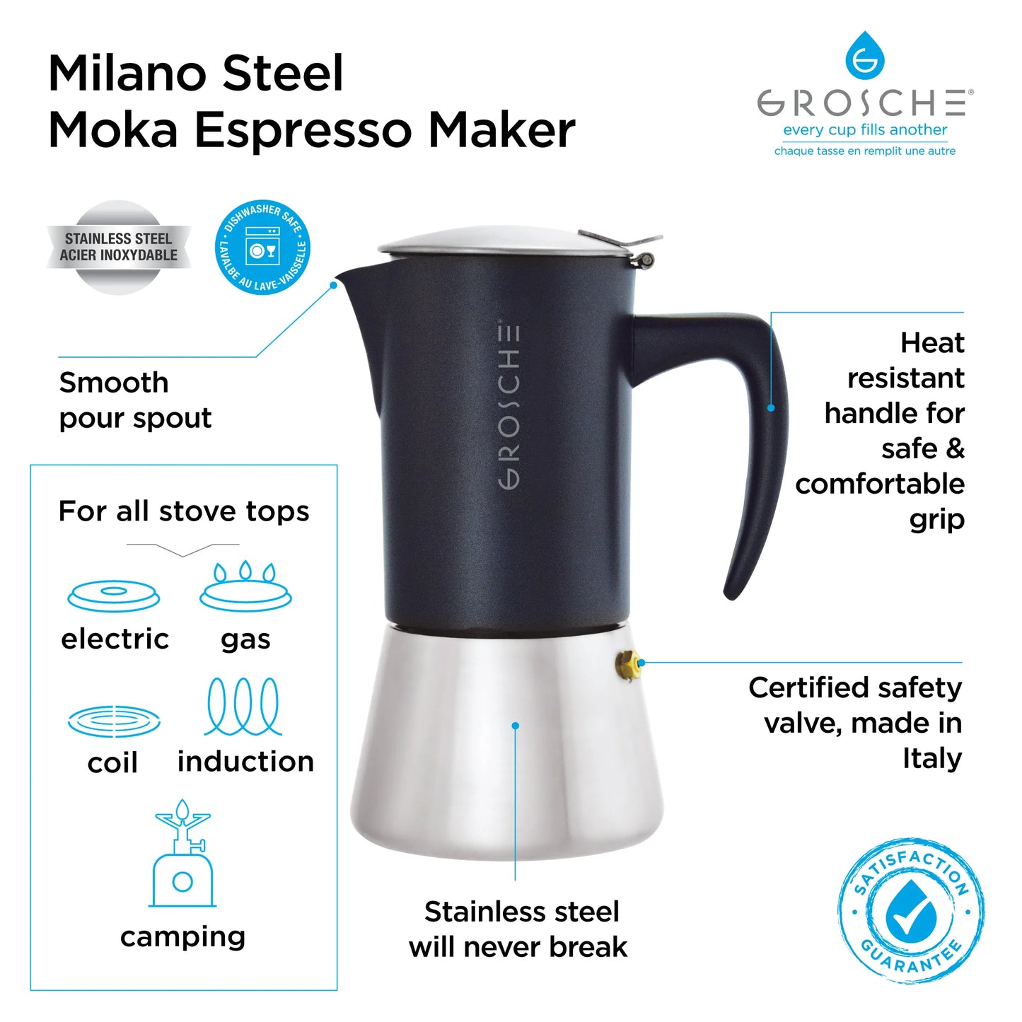 GROSCHE Milano Steel Black Moka Pot