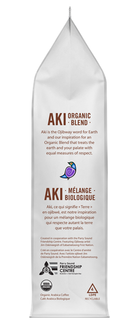 AKI Organic Blend coffee packaging on a white background