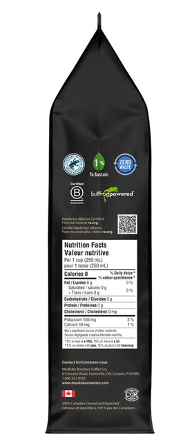 Black package with nutritional facts label and various logos on a white background