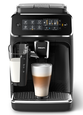 Philips 3200 espresso machine with a latte in a glass
