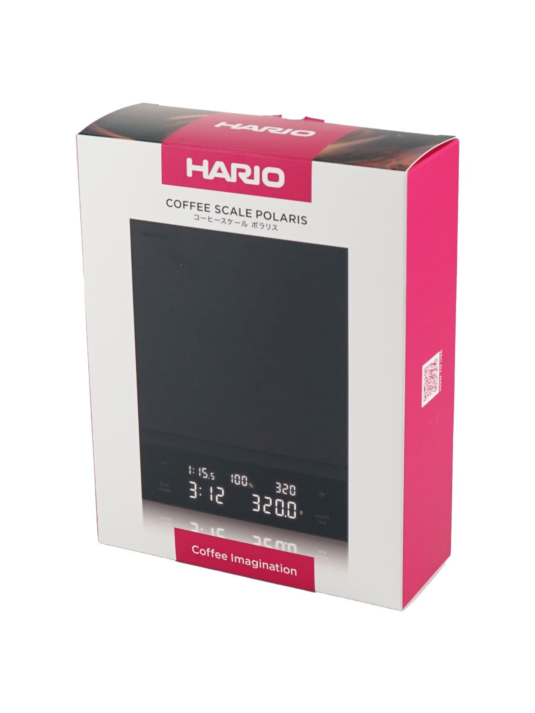 Black Hario coffee scale in the box on a white background