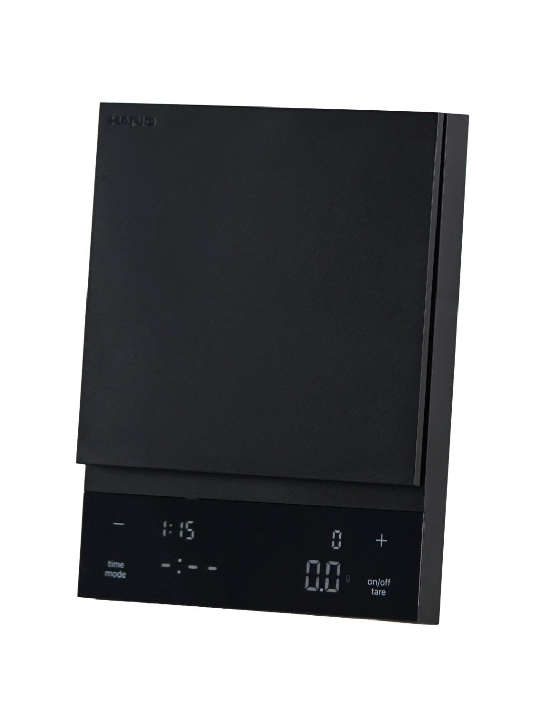 Black Hario coffee scale side tilt on a white background