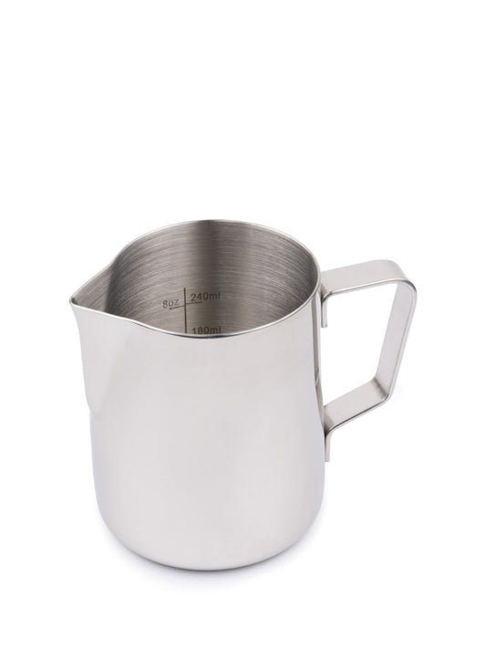 Stainless steel pitcher with handle on a white background