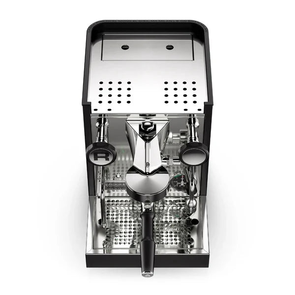 Espresso machine with a black and chrome exterior on a white background