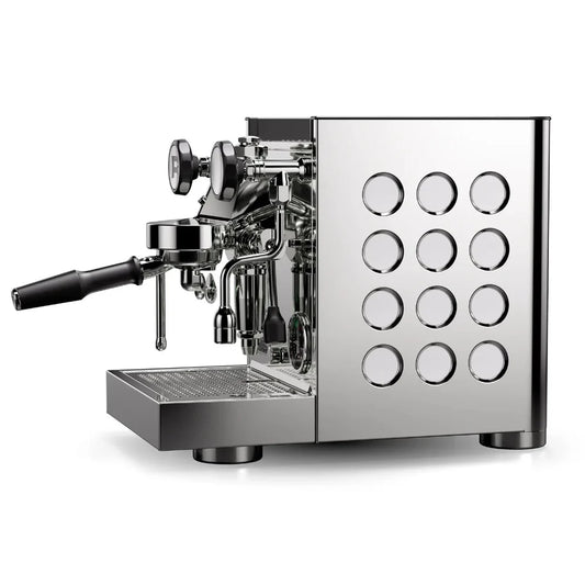 Rocket Appartamento TCA Chrome White Side Angle Espresso machine with a white background