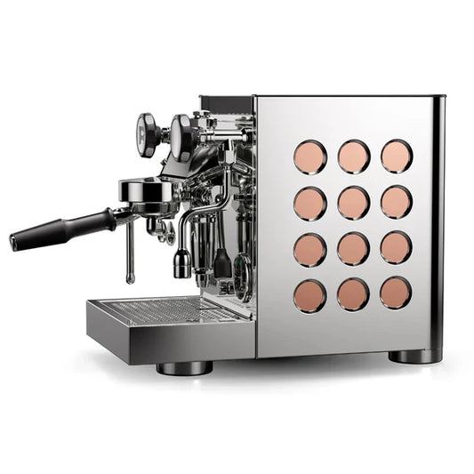 Rocket Appartamento TCA Chrome Copper Espresso machine with a white background