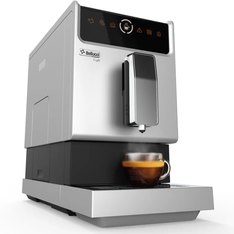 Bellucci Slim Caffè front view with the warning icons all displayed and an espresso beverage under spout