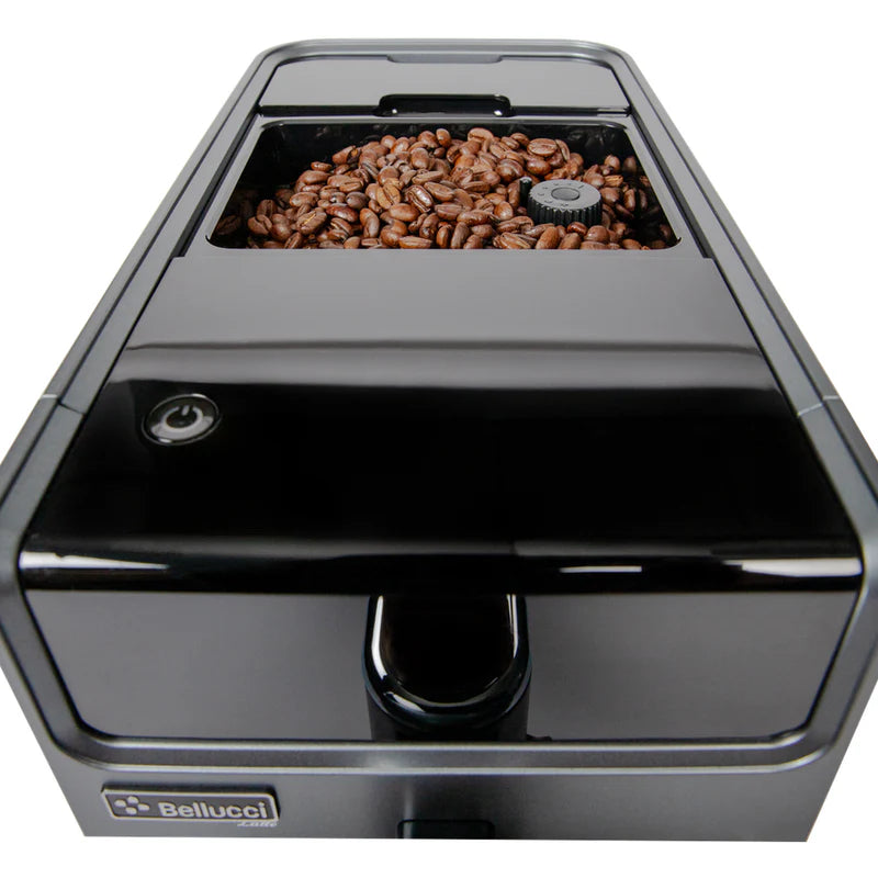 Bellucci Slim Latte Top, zoomed in with hopper lid off with coffee beans inside