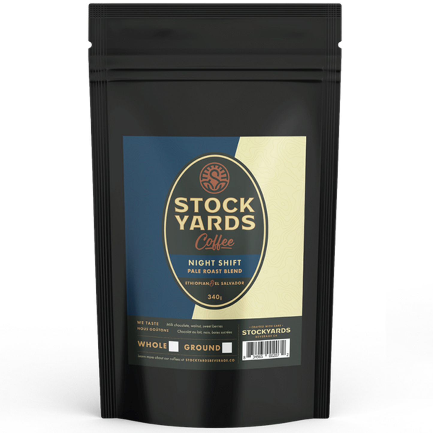 Black coffee packaging with 'Stockyards Coffee' label on a white background
