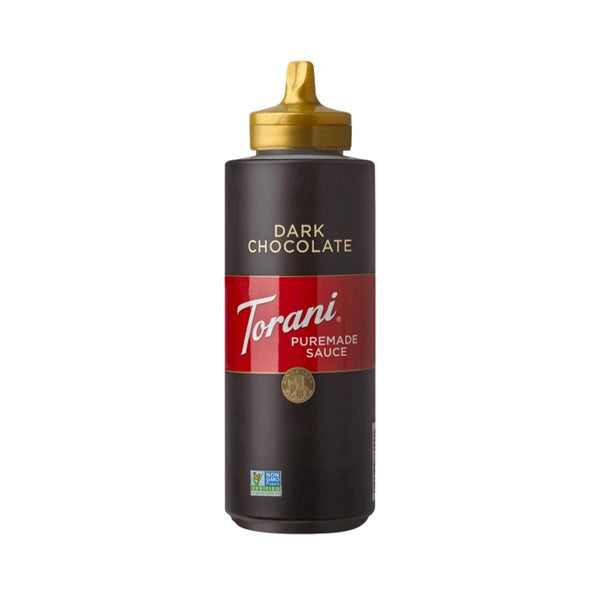 A bottle of Torani Dark Chocolate Sauce with a black label and a gold cap.